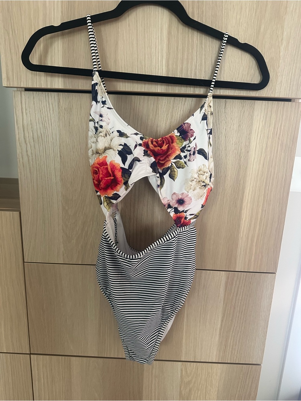 Floral & Striped One-Piece Swimsuit - White with Red, Pink and Black Accents